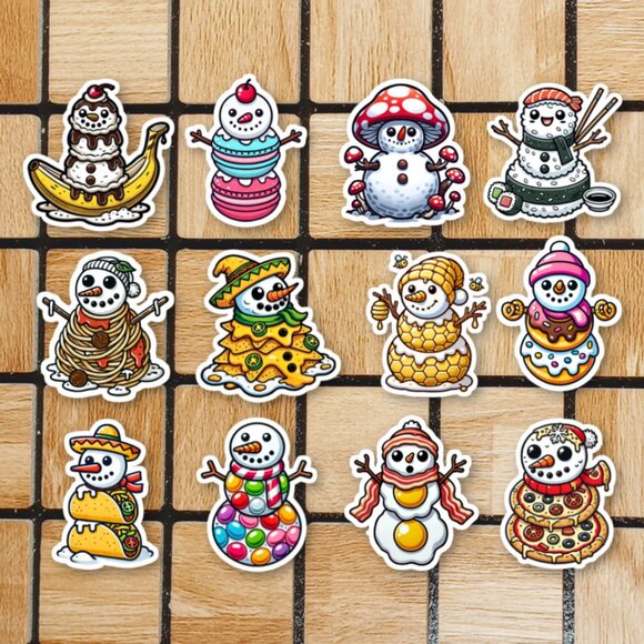 Cute Food Snowman Sticker Pack of 12 Vinyl Stickers - Christmas Sticker Set - Picture 1 of 4